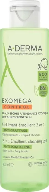Гель для душу A-Derma Exomega Control 2-в-1 пом'якшуючий для тіла та волосся, 200 мл