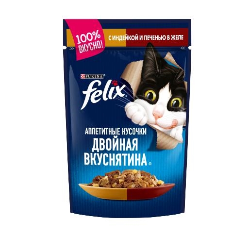 Корм вологий для кішок Purina Felix Fantastic Duo шматочки в желе з індичкою та печінкою, 100 г