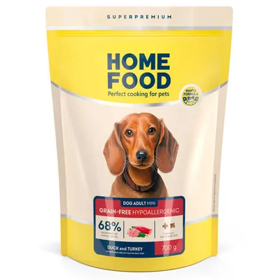 Корм сухий беззерновий гіпоалергенний Home Food для дорослих собак малих порід, з качкою та індичкою, 700 г