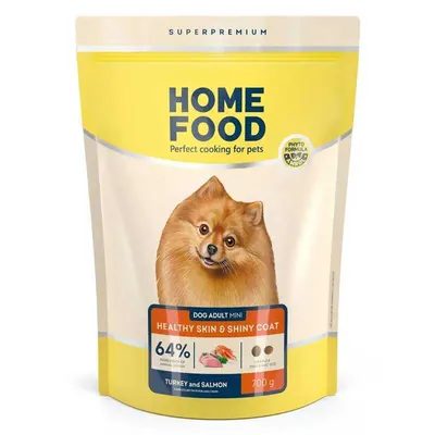 Корм сухий Home Food для дорослих собак малих порід  для здорової шкіри та блиску шерсті, з індичкою та лососем, 700 г