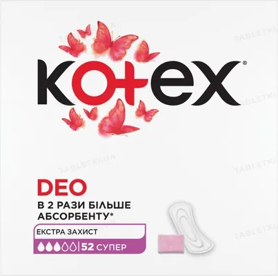 Щоденні гігієнічні прокладки Kotex Deo супер, 52 шт