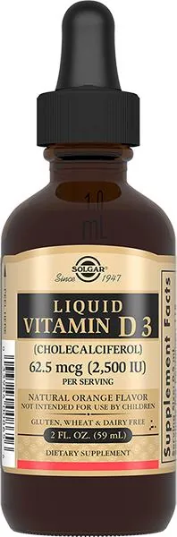 Вітамін Д3 Solgar Liquid Vitamin D3 (Cholecalciferol) 62,5 мкг (2500 МО) смак апельсину, 59 мл