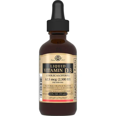 Вітамін Д3 Solgar Liquid Vitamin D3 (Cholecalciferol) 62,5 мкг (2500 МО) смак апельсину, 59 мл