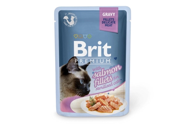 Корм влажный Brit Premium with Salmon fillets для стерилизированных кошек филе в соусе, лосось, 85 г