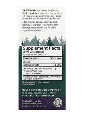 Гриб Ежовик гребенчатый (Львиная Грива) Host Defense Lion's Mane, Fungi Perfecti, 60 капсул