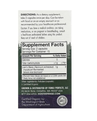 Гриб Ежовик гребенчатый (Львиная Грива) Host Defense Lion's Mane, Fungi Perfecti, 30 капсул
