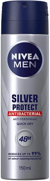 Дезодорант-антиперспірант спрей Nivea Men Silver Protect Antibacterial Срібний захист антибактеріальний 48h (82959), 150 мл