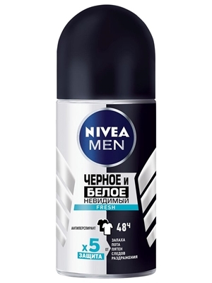 Дезодорант-антиперспірант кульковий Nivea Men Чорне та Біле невидимий Fresh 48h проти слідів на одязі, 50 мл