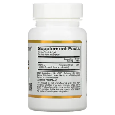 Вітамін Д3 California Gold Nutrition Vitamin D3 125 mcg (5000 IU) м'які капсули №90