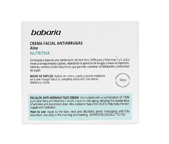 Крем для обличчя Babaria Aloe проти зморшок з алое вера, 50 мл