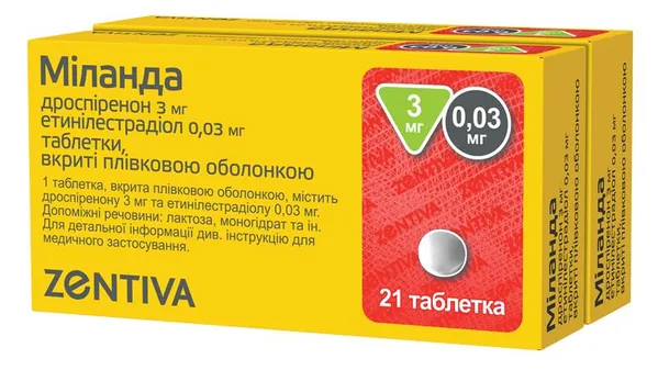 Міланда таблетки, в/плів. обол. по 3 мг/0.03 мг №21 в упак. (1+1)