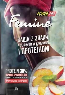 Каша Power Pro Femine 30% 3 злаки з персиком і вершками, 30% протеїну, 50 г
