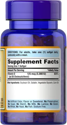 Вітамін Д3 Puritan's Pride Vitamin D3 5000 IU (125 мкг), 100 гелевих капсул