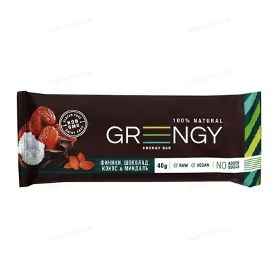 Батончик Greengy Energy Bar фініки, шоколад, кокос та мигдаль, 40 г