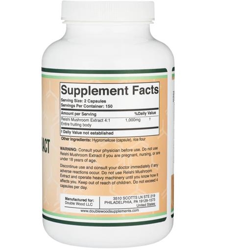 Гриба Рейши экстракт Double Wood Reishi Mushroom Extract 1000 мг, 300 капсул