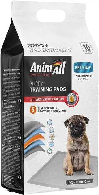Пелюшки для собак та цуценят AnimAll Puppy Training Pads з активованим вугіллям 90 см х 60 см, 10 штук