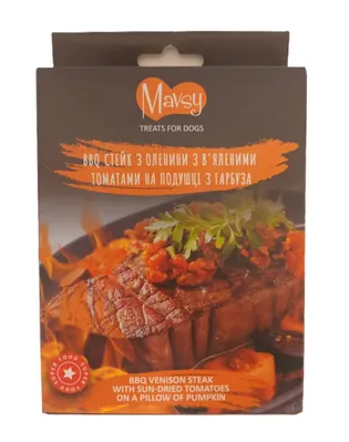 Ласощі для собак Mavsy BBQ стейк з оленини з вяленими томатами на подушці з гарбуза, 100 г