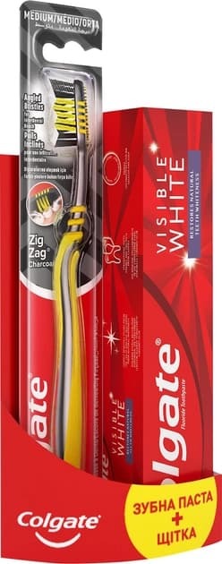 Набор Colgate Зубная паста Visible White Отбеливающая 75 мл + Щетка Zig Zag Древесный уголь