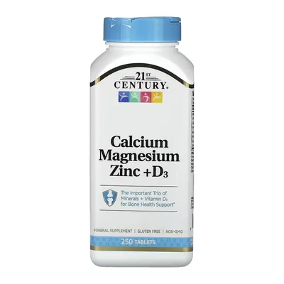Кальцій, Магній, Цинк + Вітамін Д3 21st Century Calcium Magnesium Zinc + D3, 250 таблеток