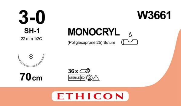 Шовный материал хирургический Monocryl USP3/0 с рассасывающимся антибактериальным покрытием длина 70 см, колющая игла 22 мм, 1/2 W3661