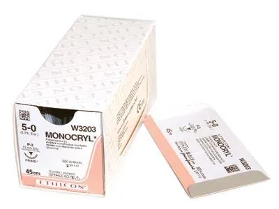 Шовний матеріал хірургічний Monocryl W3435 USP4/0 з антибактеріальним покриттям, що розсмоктується, довжина 70 см, колюча голка 17 мм, 1/2