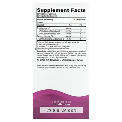 Омега-3 та вечірня примула для жінок Nordic Naturals Omega With Evening Primrose лимон, 120 капсул