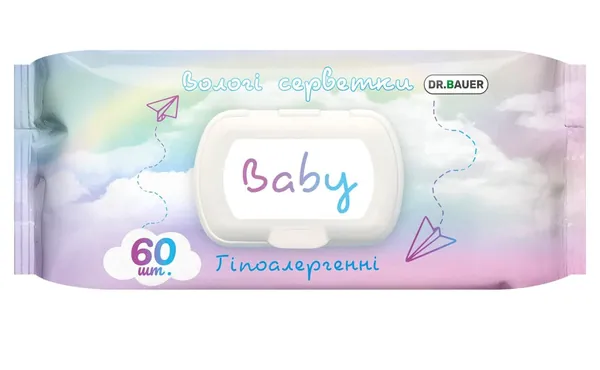 Серветки вологі Dr. Bauer baby гіпоалергенні без запаху, з клапаном, 60 шт