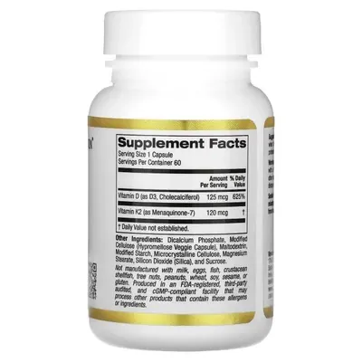 Вітамін Д3 та К2 California Gold Nutrition Vitamin D3 + K2 вег. капсули №60