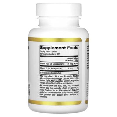 Витамин D3 + K2 Калифорния Gold Nutrition Vitamin D3 + K2 веганские капсулы №180