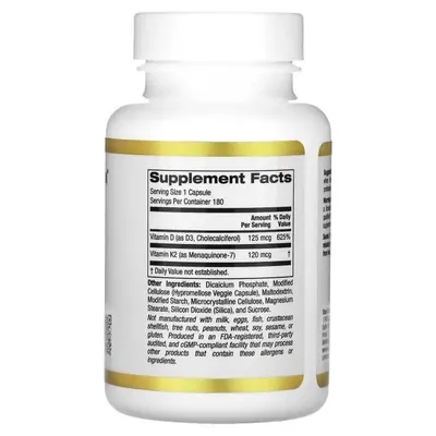 Вітамін Д3 та К2 California Gold Nutrition Vitamin D3 + K2 вег. капсули №180