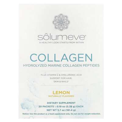 Морской коллаген с гиалуроновой кислотой и витамином С Solumeve Hydrolyzed marine plus Vitamin C and Hyaluronic Acid лимон, 30 пакетиков