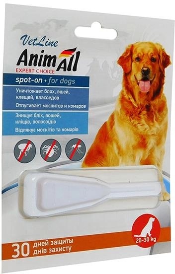 Капли на холку AnimAll VetLine Spot-On от блох и клещей для собак весом от 20 до 30 кг, 6 мл