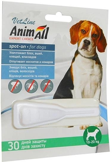 Капли на холку AnimAll VetLine Spot-On от блох и клещей для собак весом от 10 до 20 кг, 4 мл