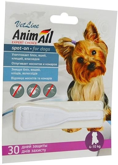 Капли на холку AnimAll VetLine Spot-On от блох и клещей для собак весом от 4 до 10 кг, 2 мл