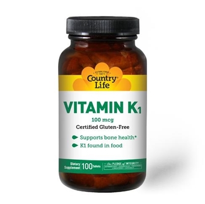 Витамин К1 Country Life Vitamin K1 100 мкг, без глютена, 100 таблеток
