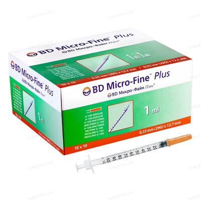 Шприц інсуліновий 1 мл U-100 BD Micro-Fine Plus 29G (0.33 x 12.7 мм), 100 штук