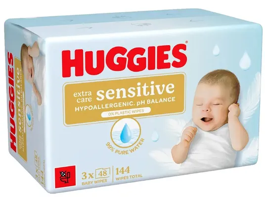 Серветки вологі Huggies Extra Care Sensitive дитячі, 3 х 48 шт