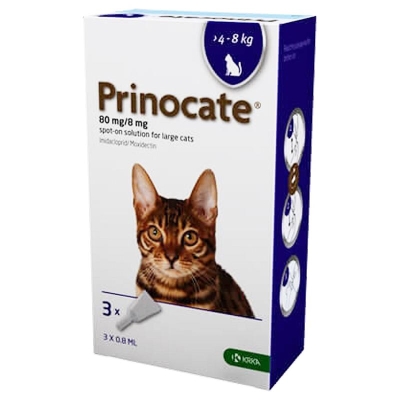 Капли Prinocat от блох, чесоточных клещей, профилактика дирофиляриоза для кошек 4-8 кг, 3 пипетки по 0,8 мл