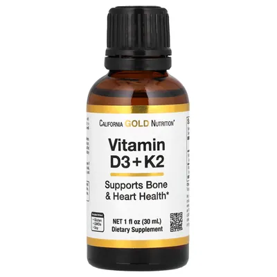 Вітамін Д3 та К2 California Gold Nutrition Vitamin D3 + K2 25 мкг (1000 МО), 30 мл