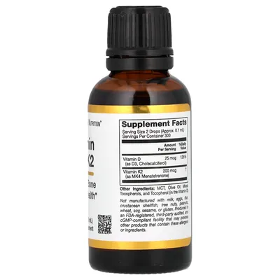 Вітамін Д3 та К2 California Gold Nutrition Vitamin D3 + K2 25 мкг (1000 МО), 30 мл