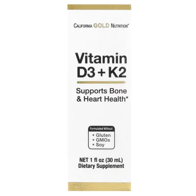 Вітамін Д3 та К2 California Gold Nutrition Vitamin D3 + K2 25 мкг (1000 МО), 30 мл