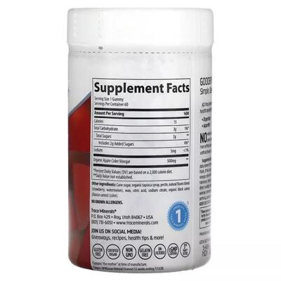Яблучний оцет Trace Minerals Apple Cider Vinegar Gummies 500 мг зі смаком полуниці та дині, 60 жувальних цукерок