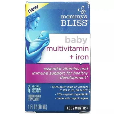 Мультивітаміни із залізом для немовлят Mommys Bliss Baby Multivitamin+Iron від 2 місяців зі смаком винограду, 30 мл