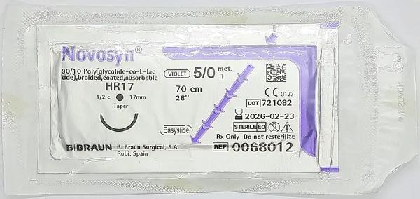 Шовный материал хирургический Novosyn USP 5(1), длина 70 см, игла колющая 17 мм, 1/2 круга, фиолетовый 0068012