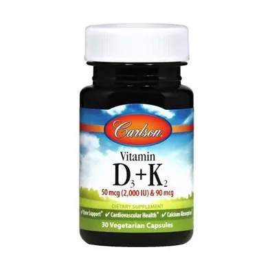 Вітаміни Carlson Labs Vitamin D3+K2 2000 МО та 90 мкг, 30 вегетаріанських капсул