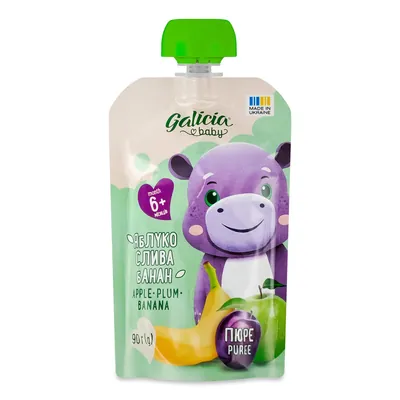 Пюре фруктове Galicia Baby для дітей з 6 місяців Яблуко-слива-банан, 90 г