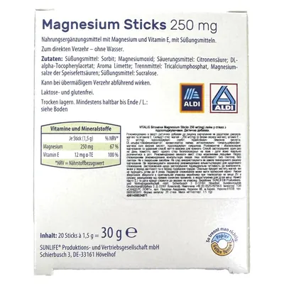 Магнезіум з вітаміном Е Vitalis Magnesium Sticks 250 мг зі смаком лайму №20 в стіках