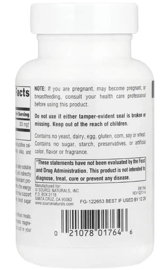 Альфа-ліпоєва кислота Source Naturals Alpha Lipoic Acid 300 мг, 60 капсул