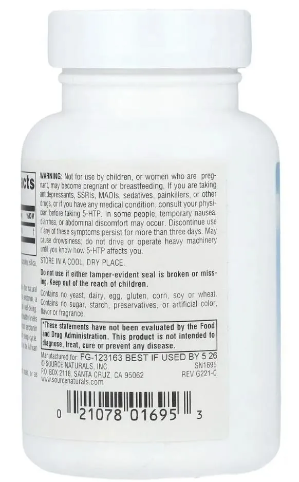5-гідрокситриптофан Source Naturals Serene Science 5-HTP 100 мг, 60 капсул