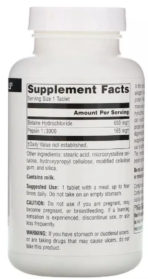 Бетаїн Source Naturals Betaine HCI 650 мг, 90 таблеток